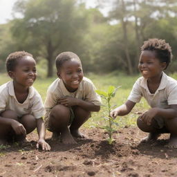 A lively scene of African children joyfully planting young saplings in a sunlit clearing.