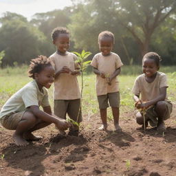 A lively scene of African children joyfully planting young saplings in a sunlit clearing.