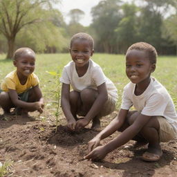 A lively scene of African children joyfully planting young saplings in a sunlit clearing.