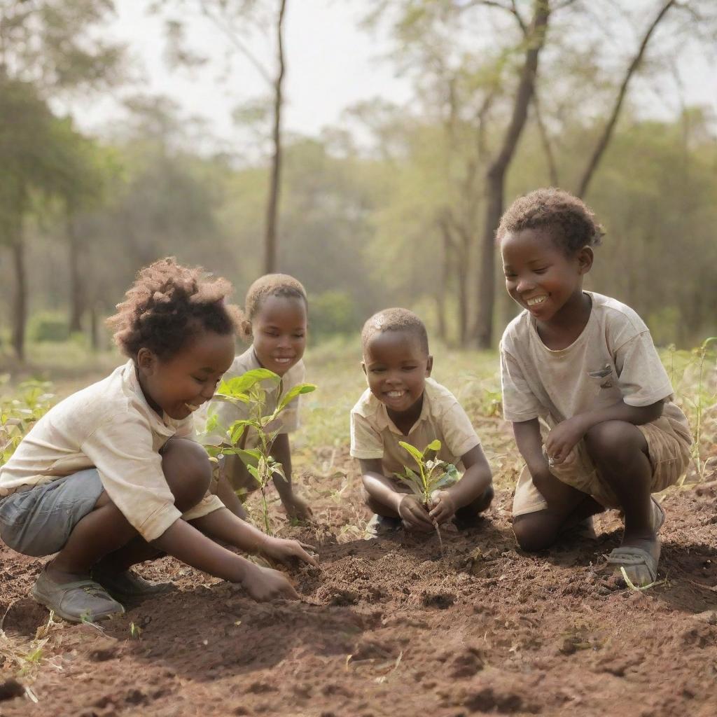 A lively scene of African children joyfully planting young saplings in a sunlit clearing.