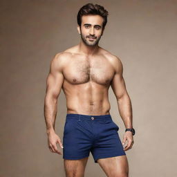 Pearl V Puri, a handsome Indian actor, featured in a shorts advertisement. He is showing off thick, muscular thighs while in a dynamic pose, with legs spread apart.