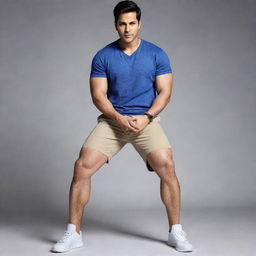 Varun Dhawan, a prominent Indian actor, posed in a stylish ads for shorts. He is showing off muscular, thick thighs, with his legs spread as part of a dynamic pose.