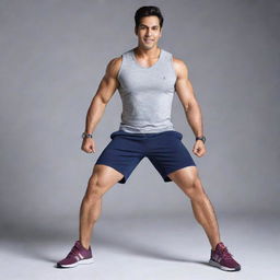 Varun Dhawan, a prominent Indian actor, posed in a stylish ads for shorts. He is showing off muscular, thick thighs, with his legs spread as part of a dynamic pose.