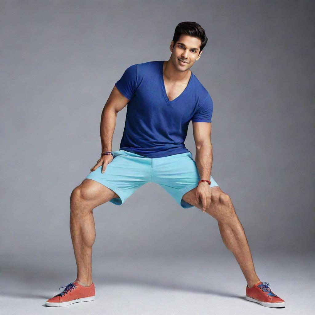 Varun Dhawan, popular Indian actor, featured in a modern shorts advertisement. He is in a dynamic pose with his thick, muscular legs spread apart.