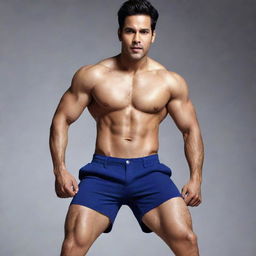 Varun Dhawan, popular Indian actor, featured in a modern shorts advertisement. He is in a dynamic pose with his thick, muscular legs spread apart.