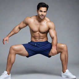 Varun Dhawan, popular Indian actor, featured in a modern shorts advertisement. He is in a dynamic pose with his thick, muscular legs spread apart.