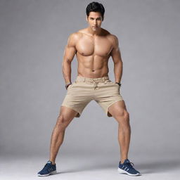 Varun Dhawan, an Indian actor, is shown in dynamic pose for a shorts advertisement. His legs are spread apart, showcasing his muscular physique and thick, powerful thighs.