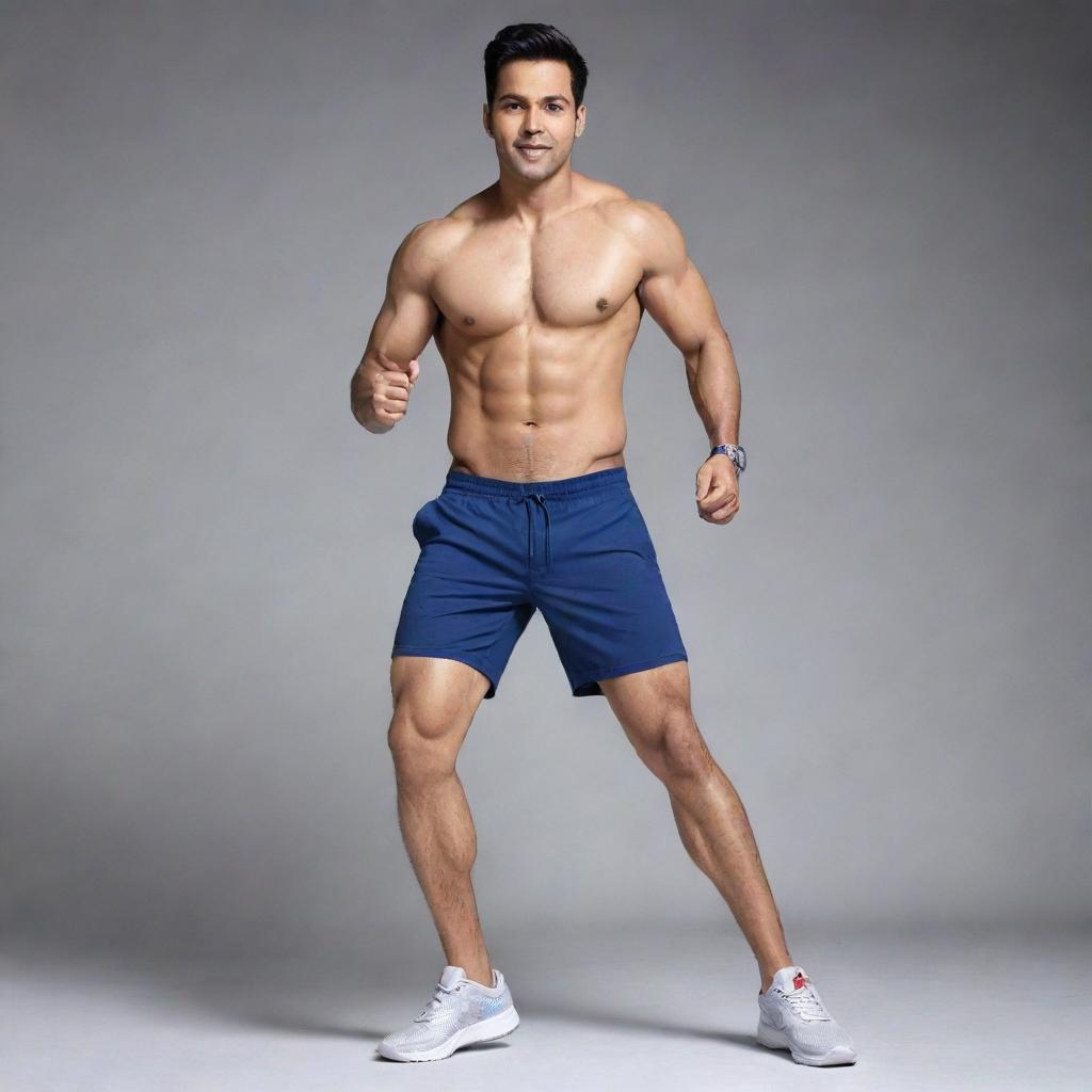 Varun Dhawan, an Indian actor, is shown in dynamic pose for a shorts advertisement. His legs are spread apart, showcasing his muscular physique and thick, powerful thighs.