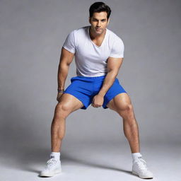 Varun Dhawan, an Indian actor, is shown in dynamic pose for a shorts advertisement. His legs are spread apart, showcasing his muscular physique and thick, powerful thighs.