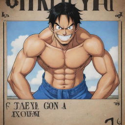 Draw a muscular male character with black hair and blue eyes in the style of Eiichiro Oda's One Piece. He is in loose clothing, has a stern expression, and is holding a sword. He is in a photo that's on a wanted poster reading 'Okoya'. He is showing a middle finger and is smiling.