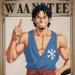 Draw a muscular male character with black hair and blue eyes in the style of Eiichiro Oda's One Piece. He is in loose clothing, has a stern expression, and is holding a sword. He is in a photo that's on a wanted poster reading 'Okoya'. He is showing a middle finger and is smiling.