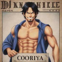 Draw a muscular male character with black hair and blue eyes in the style of Eiichiro Oda's One Piece. He is in loose clothing, has a stern expression, and is holding a sword. He is in a photo that's on a wanted poster reading 'Okoya'. He is showing a middle finger and is smiling.