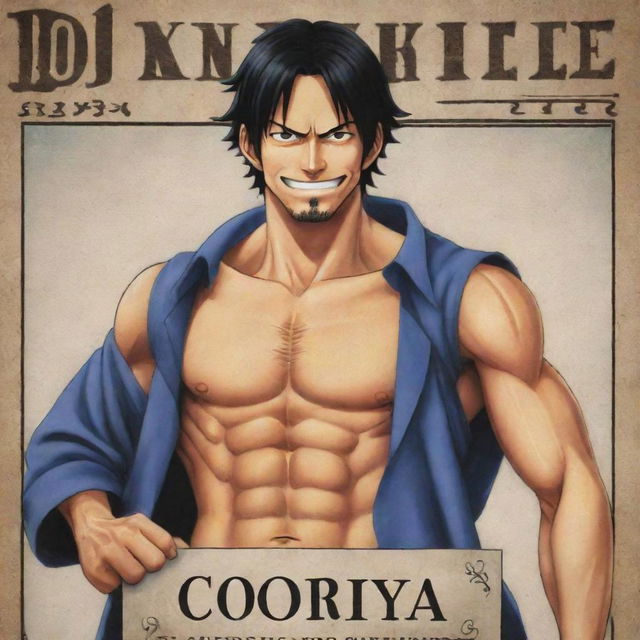 Draw a muscular male character with black hair and blue eyes in the style of Eiichiro Oda's One Piece. He is in loose clothing, has a stern expression, and is holding a sword. He is in a photo that's on a wanted poster reading 'Okoya'. He is showing a middle finger and is smiling.