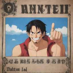 Draw a muscular male character with black hair and blue eyes in the style of Eiichiro Oda's One Piece. He is in loose clothing, has a stern expression, and is holding a sword. He is in a photo that's on a wanted poster reading 'Okoya'. He is showing a middle finger and is smiling.