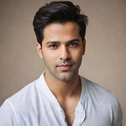 An intimate portrait of Varun Dhawan, an Indian actor, focusing on his face. He holds a subtle, soft smile.