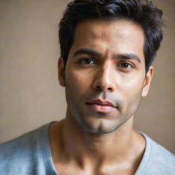 An intimate portrait of Varun Dhawan, an Indian actor, focusing on his face. He holds a subtle, soft smile.