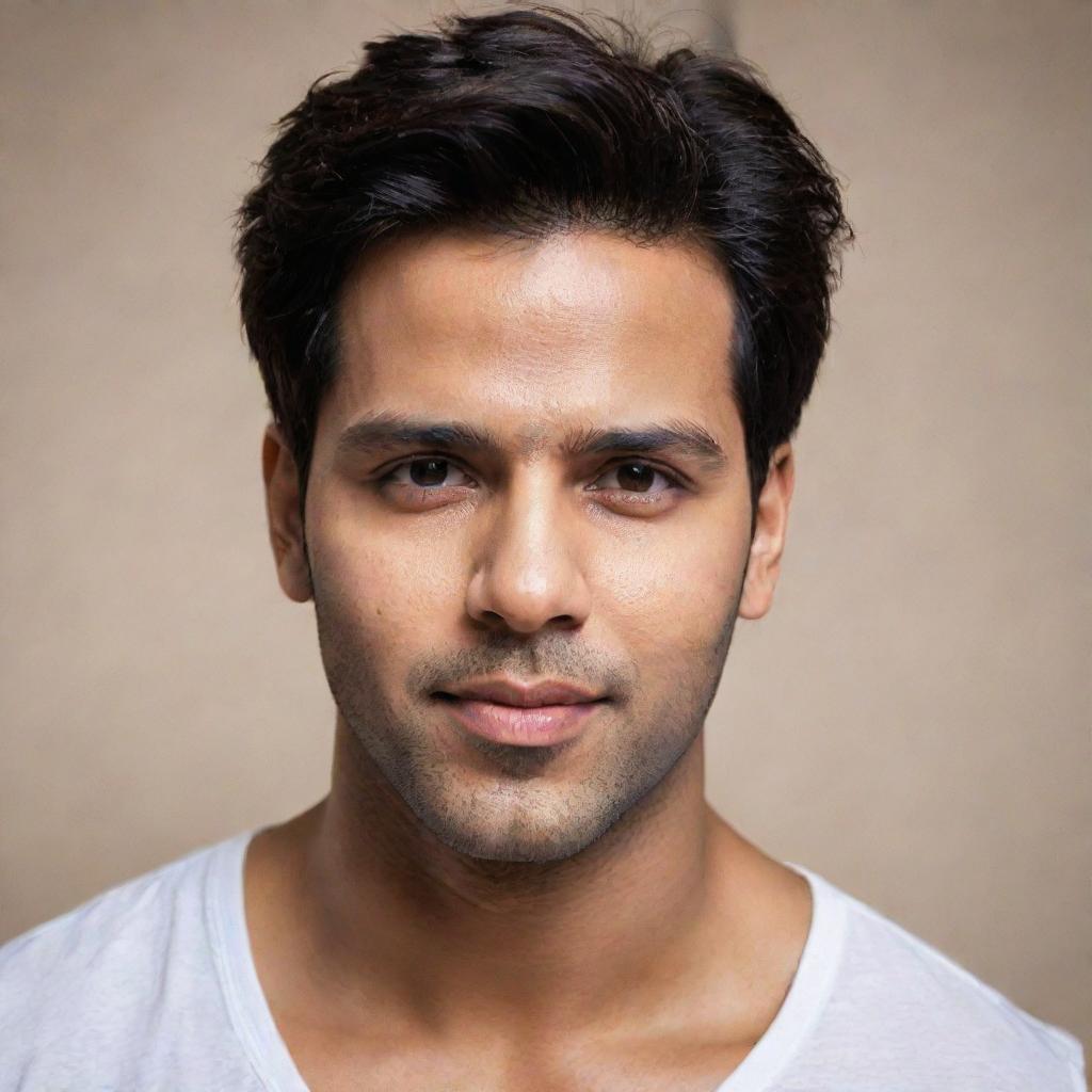 An intimate portrait of Varun Dhawan, an Indian actor, focusing on his face. He holds a subtle, soft smile.