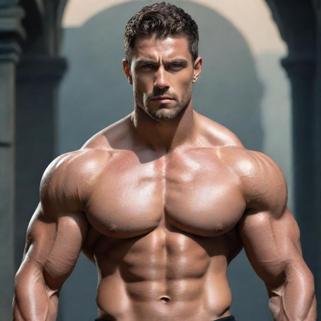 A handsome muscular man in fantasy style. His features are striking, and his physique is well-defined.