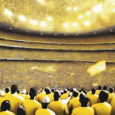 A vibrant digital art image showcasing a packed stadium filled with enthusiastic fans in yellow and white attire, cheering for their team