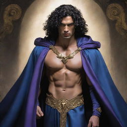 A muscular figure with sharp, determined golden eyes, black curly hair, styled in a blue cloak adorned with purple accessories. His expressive facial features are accentuated. Behind him, a spirit figure epitomizes divine prowess, designed with metallic black and white hues.