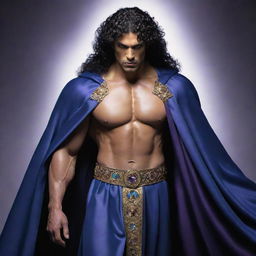 A muscular figure with sharp, determined golden eyes, black curly hair, styled in a blue cloak adorned with purple accessories. His expressive facial features are accentuated. Behind him, a spirit figure epitomizes divine prowess, designed with metallic black and white hues.