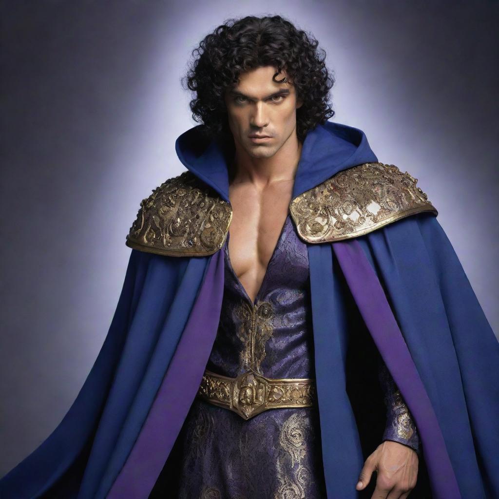 A muscular figure with sharp, determined golden eyes, black curly hair, styled in a blue cloak adorned with purple accessories. His expressive facial features are accentuated. Behind him, a spirit figure epitomizes divine prowess, designed with metallic black and white hues.