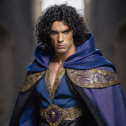 A muscular figure with sharp, determined golden eyes, black curly hair, styled in a blue cloak adorned with purple accessories. His expressive facial features are accentuated. Behind him, a spirit figure epitomizes divine prowess, designed with metallic black and white hues.