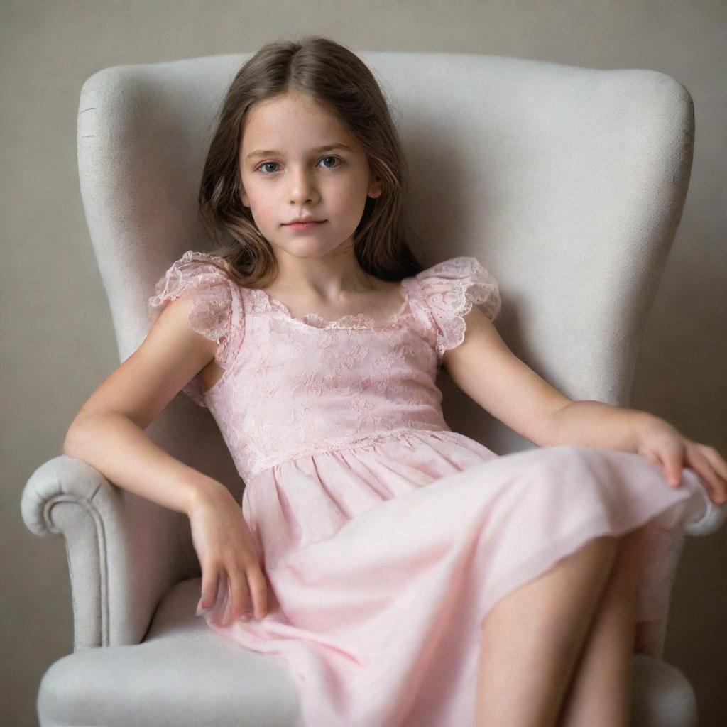 A young girl dressed in a delicate pink dress, sitting relaxedly in a comfortable chair, hands lightly resting on the arms of the chair.