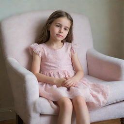 A young girl dressed in a delicate pink dress, sitting relaxedly in a comfortable chair, hands lightly resting on the arms of the chair.