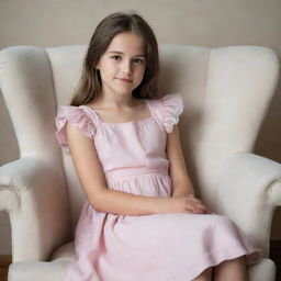 A young girl dressed in a delicate pink dress, sitting relaxedly in a comfortable chair, hands lightly resting on the arms of the chair.