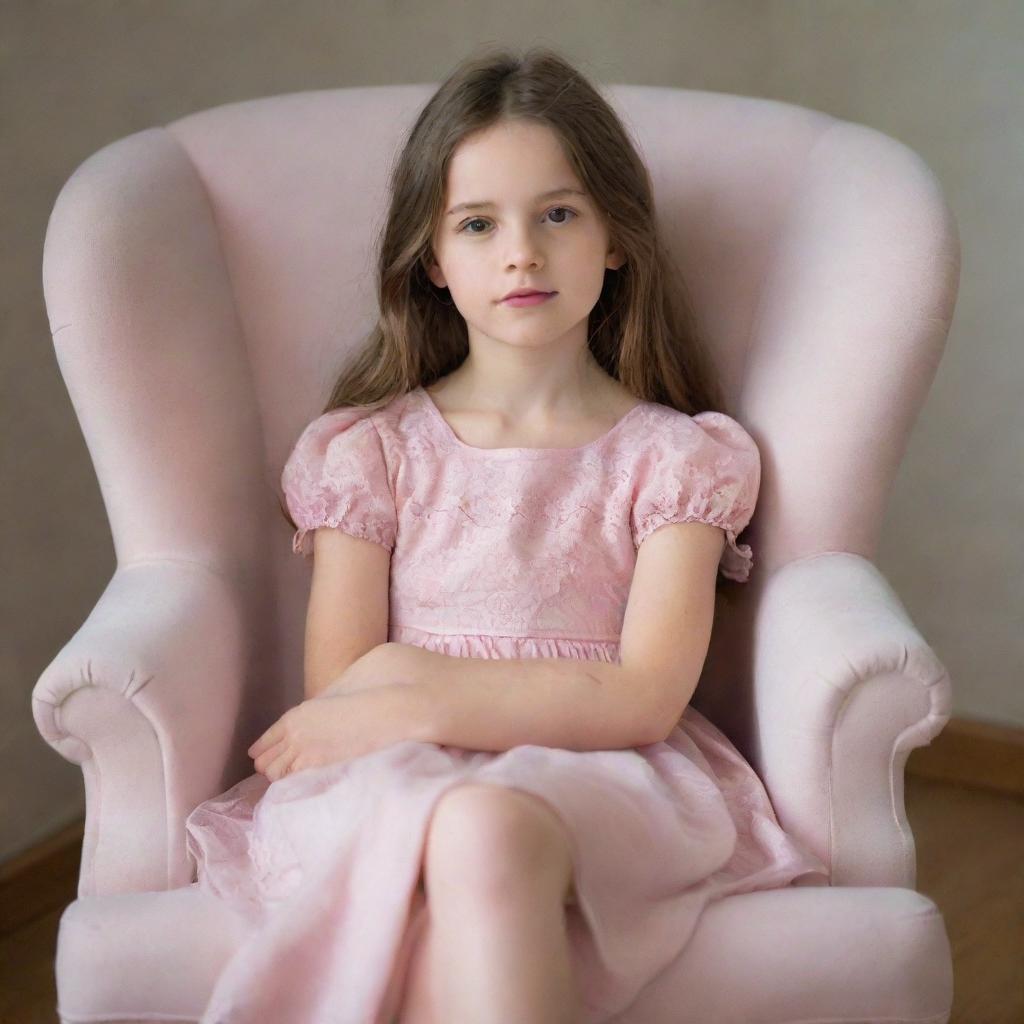 A young girl dressed in a delicate pink dress, sitting relaxedly in a comfortable chair, hands lightly resting on the arms of the chair.