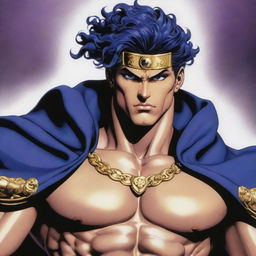 A scene inspired by Jojo's Bizarre Adventure. A muscular character with golden eyes full of determination, styled in a blue cloak with purple accessories and black curly hair. Their expressive face is prominent. Behind them, a divine spirit figure in a metallic black and white design exudes strength.