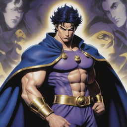 A scene inspired by Jojo's Bizarre Adventure. A muscular character with golden eyes full of determination, styled in a blue cloak with purple accessories and black curly hair. Their expressive face is prominent. Behind them, a divine spirit figure in a metallic black and white design exudes strength.