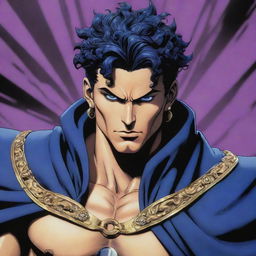 A scene inspired by Jojo's Bizarre Adventure. A muscular character with golden eyes full of determination, styled in a blue cloak with purple accessories and black curly hair. Their expressive face is prominent. Behind them, a divine spirit figure in a metallic black and white design exudes strength.