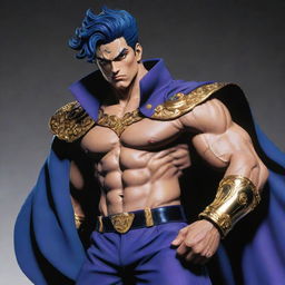 A scene inspired by Jojo's Bizarre Adventure. A muscular character with golden eyes full of determination, styled in a blue cloak with purple accessories and black curly hair. Their expressive face is prominent. Behind them, a divine spirit figure in a metallic black and white design exudes strength.