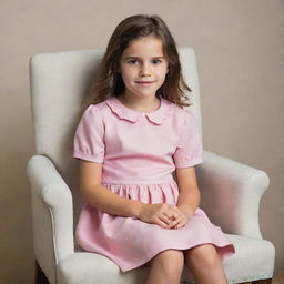 A young girl dressed in a casual pink dress, seated comfortably in a chair