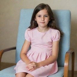 A young girl dressed in a casual pink dress, seated comfortably in a chair