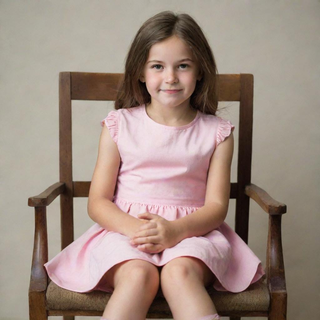 A young girl dressed in a casual pink dress, seated comfortably in a chair