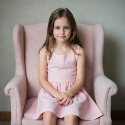 A young girl dressed in a casual pink dress, seated comfortably in a chair