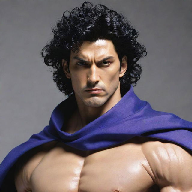 A muscular figure crafted in Hirohiko Araki's distinct style. Sharp golden eyes full of determination, black curly hair, donning a stylish blue cloak with purple accessories. His expressive facial features are in focus. Behind him looms a muscular spirit with a divine aura, crafted in metallic black and white.