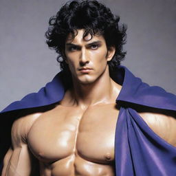 A muscular figure crafted in Hirohiko Araki's distinct style. Sharp golden eyes full of determination, black curly hair, donning a stylish blue cloak with purple accessories. His expressive facial features are in focus. Behind him looms a muscular spirit with a divine aura, crafted in metallic black and white.