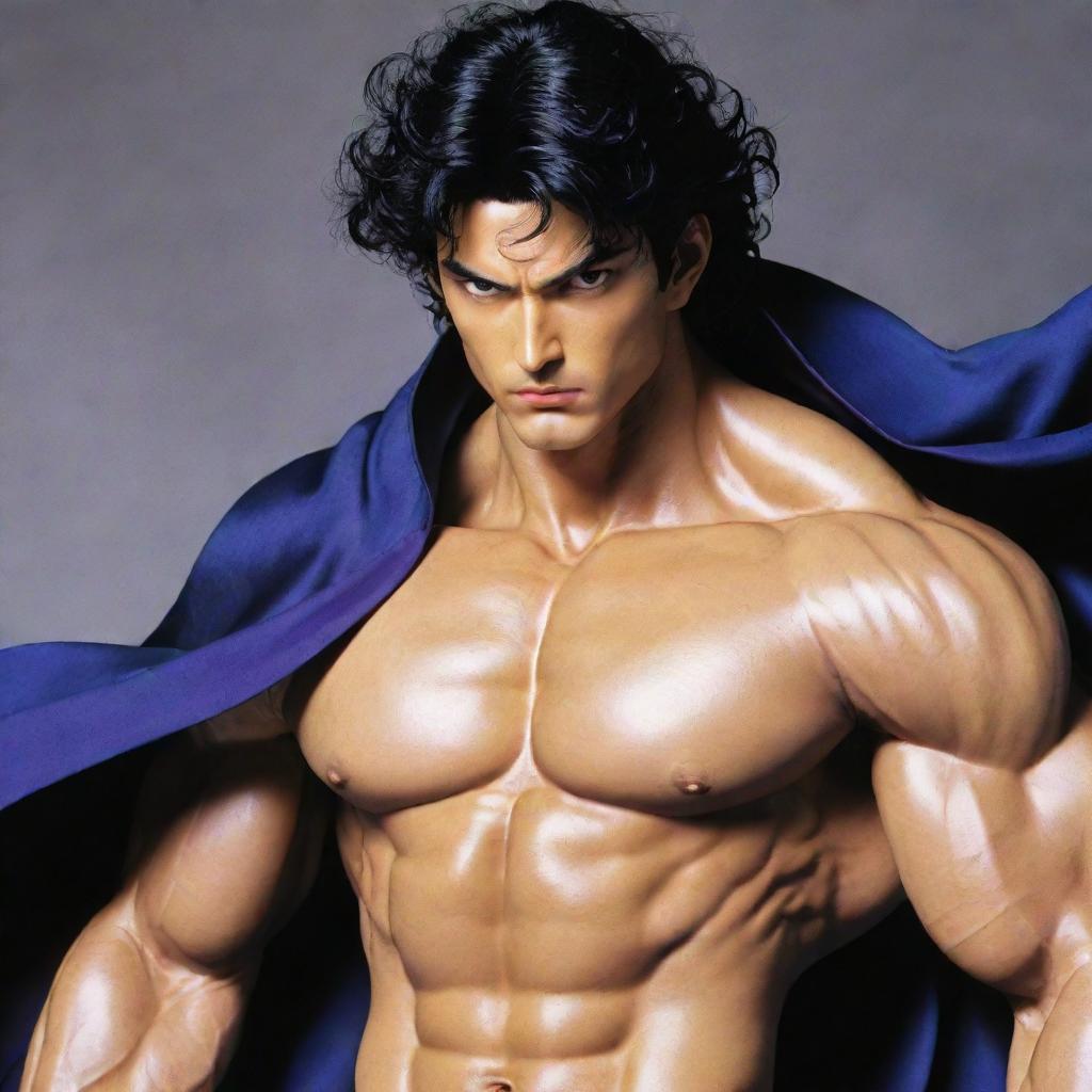 A muscular figure crafted in Hirohiko Araki's distinct style. Sharp golden eyes full of determination, black curly hair, donning a stylish blue cloak with purple accessories. His expressive facial features are in focus. Behind him looms a muscular spirit with a divine aura, crafted in metallic black and white.