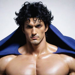 A muscular figure crafted in Hirohiko Araki's distinct style. Sharp golden eyes full of determination, black curly hair, donning a stylish blue cloak with purple accessories. His expressive facial features are in focus. Behind him looms a muscular spirit with a divine aura, crafted in metallic black and white.