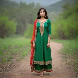 A traditional Punjabi girl standing in the midst of a wild, untouched nature scene. She should be adorned with vibrant, traditional Punjabi attire, accentuated by the vibrant green of the wilderness.