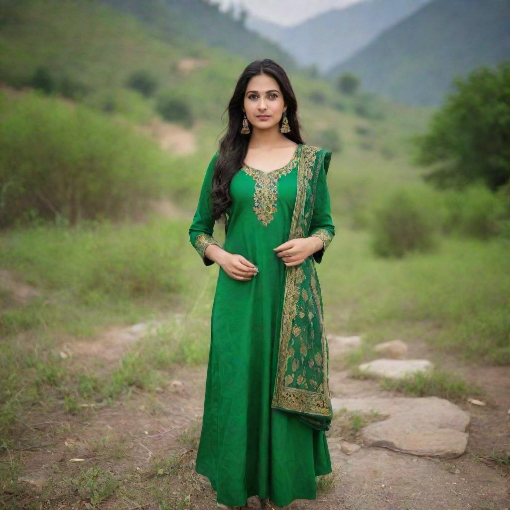 A traditional Punjabi girl standing in the midst of a wild, untouched nature scene. She should be adorned with vibrant, traditional Punjabi attire, accentuated by the vibrant green of the wilderness.