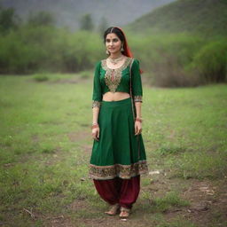 A traditional Punjabi girl standing in the midst of a wild, untouched nature scene. She should be adorned with vibrant, traditional Punjabi attire, accentuated by the vibrant green of the wilderness.