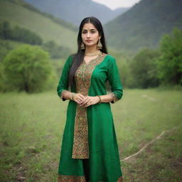 A traditional Punjabi girl standing in the midst of a wild, untouched nature scene. She should be adorned with vibrant, traditional Punjabi attire, accentuated by the vibrant green of the wilderness.