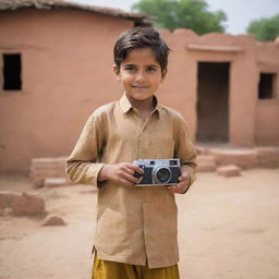 A young boy in traditional Punjabi attire, confidently holding a camera, standing in the rustic setting of a Punjabi village with traditional mud and brick houses surrounding him.