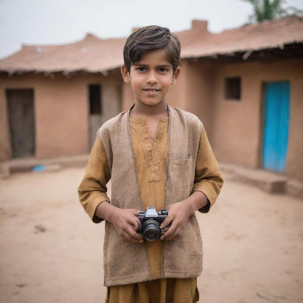 A young boy in traditional Punjabi attire, confidently holding a camera, standing in the rustic setting of a Punjabi village with traditional mud and brick houses surrounding him.