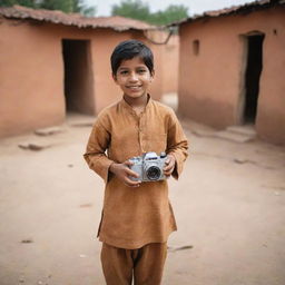 A young boy in traditional Punjabi attire, confidently holding a camera, standing in the rustic setting of a Punjabi village with traditional mud and brick houses surrounding him.